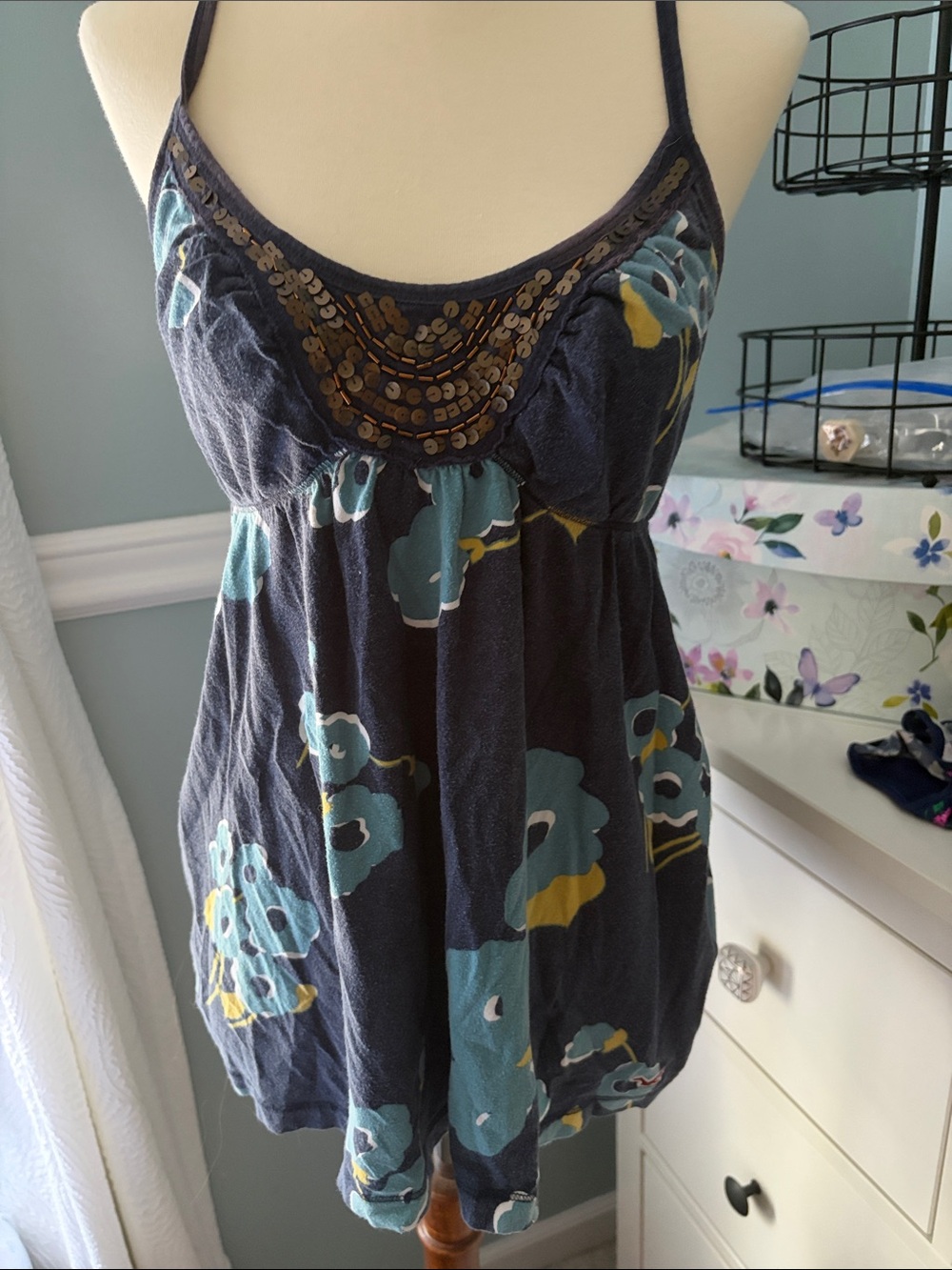 Hollister Navy Floral Sequin-Detail Spaghetti Strap Cami